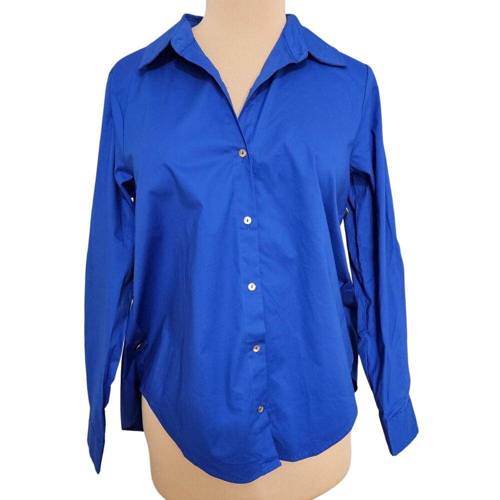 Attitudes by Renee Fly Away Woven Button Front Shirt Blue Long Sleeve XS Relaxed